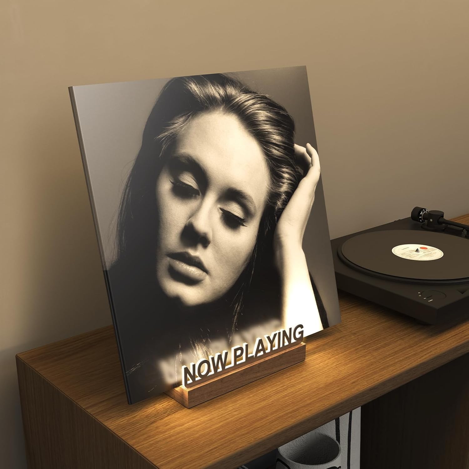 Now Playing Vinyl Record Stand, Holder, Light Up LED-Walnut