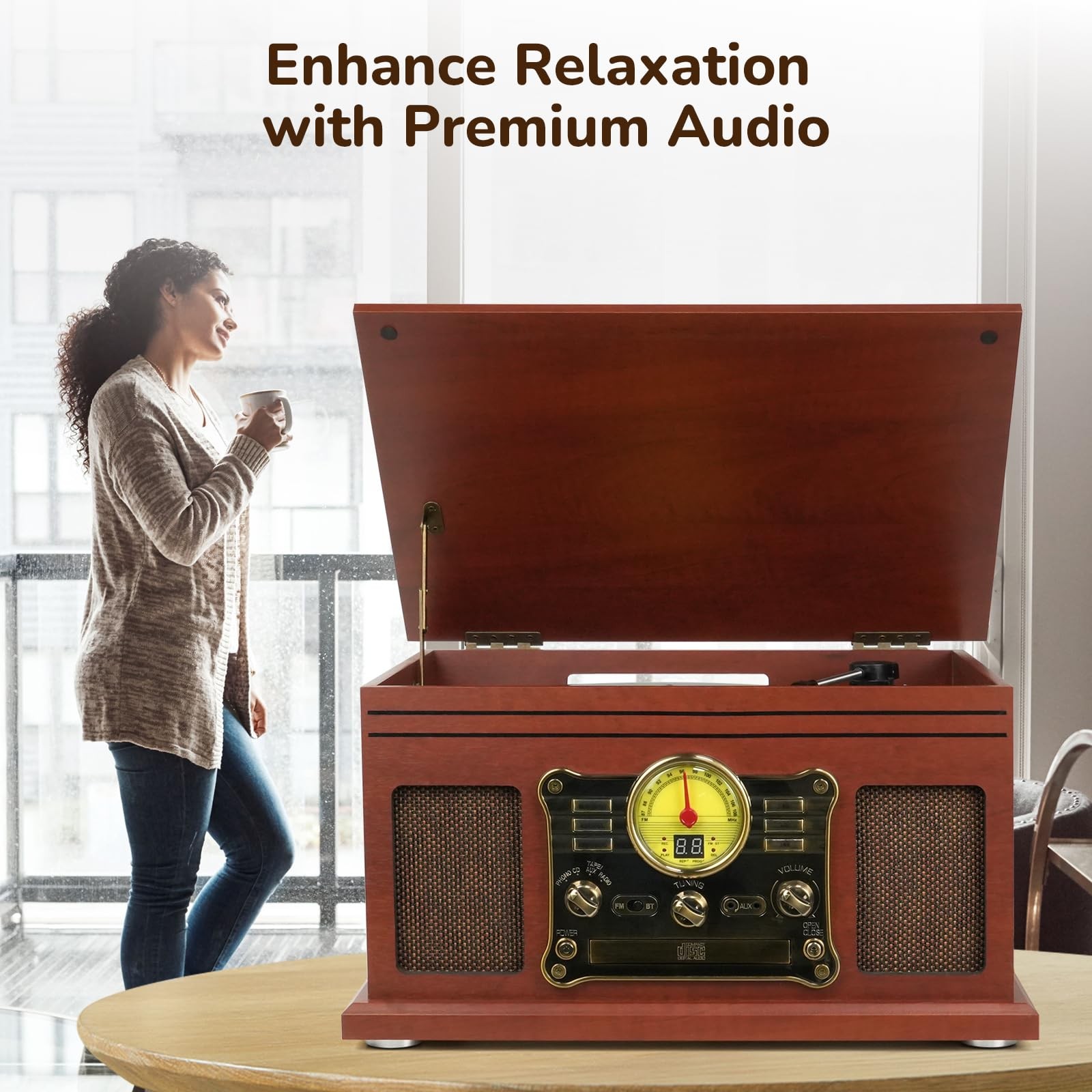 FEKTIK Bluetooth Record Player 10 in 1, 3-Speed Turntable for Vinyl Mahogany