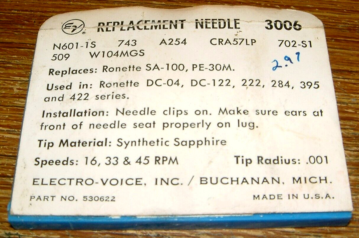 LP Needle EV3006 for Ronette DC-04 DC-122 SA-100 PE-30, W-104MGS N601-1s 702-S1