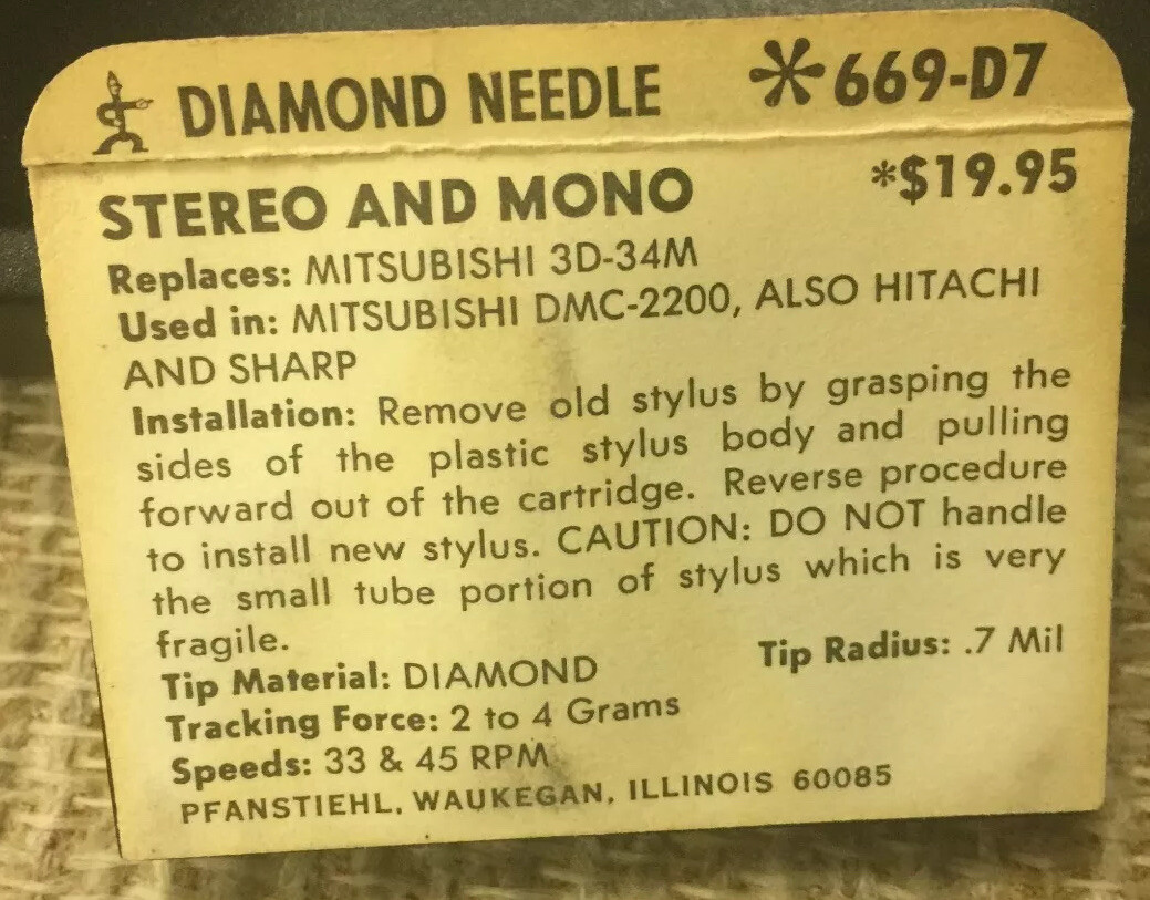 669-D7 Needle Mitsubishi, Hitachi, Sharp 3D-34M (Pfanstiehl) Free US Shipping