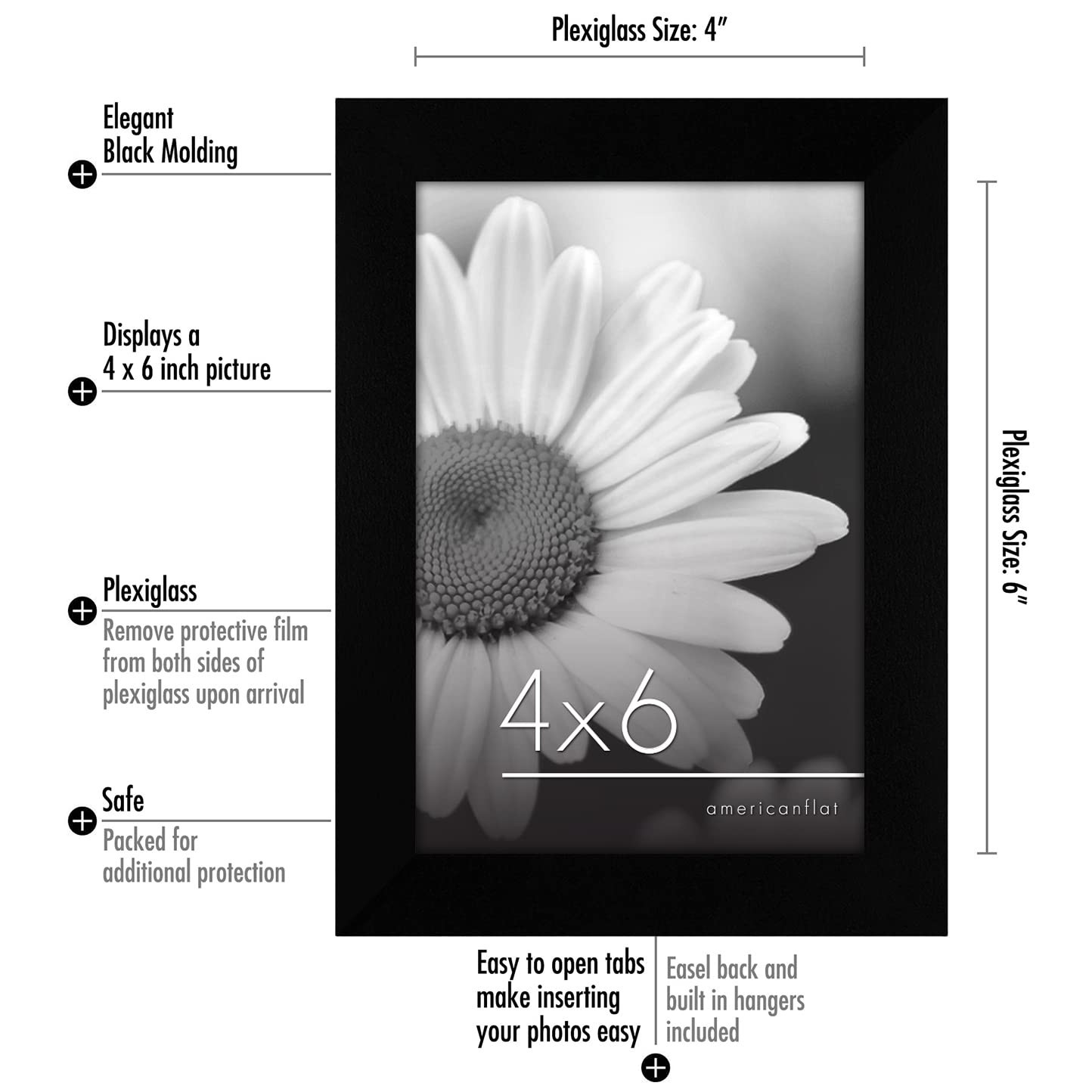 Americanflat 4×6 Picture Frame with Polished Plexiglass – Set of 6 4×6, Black