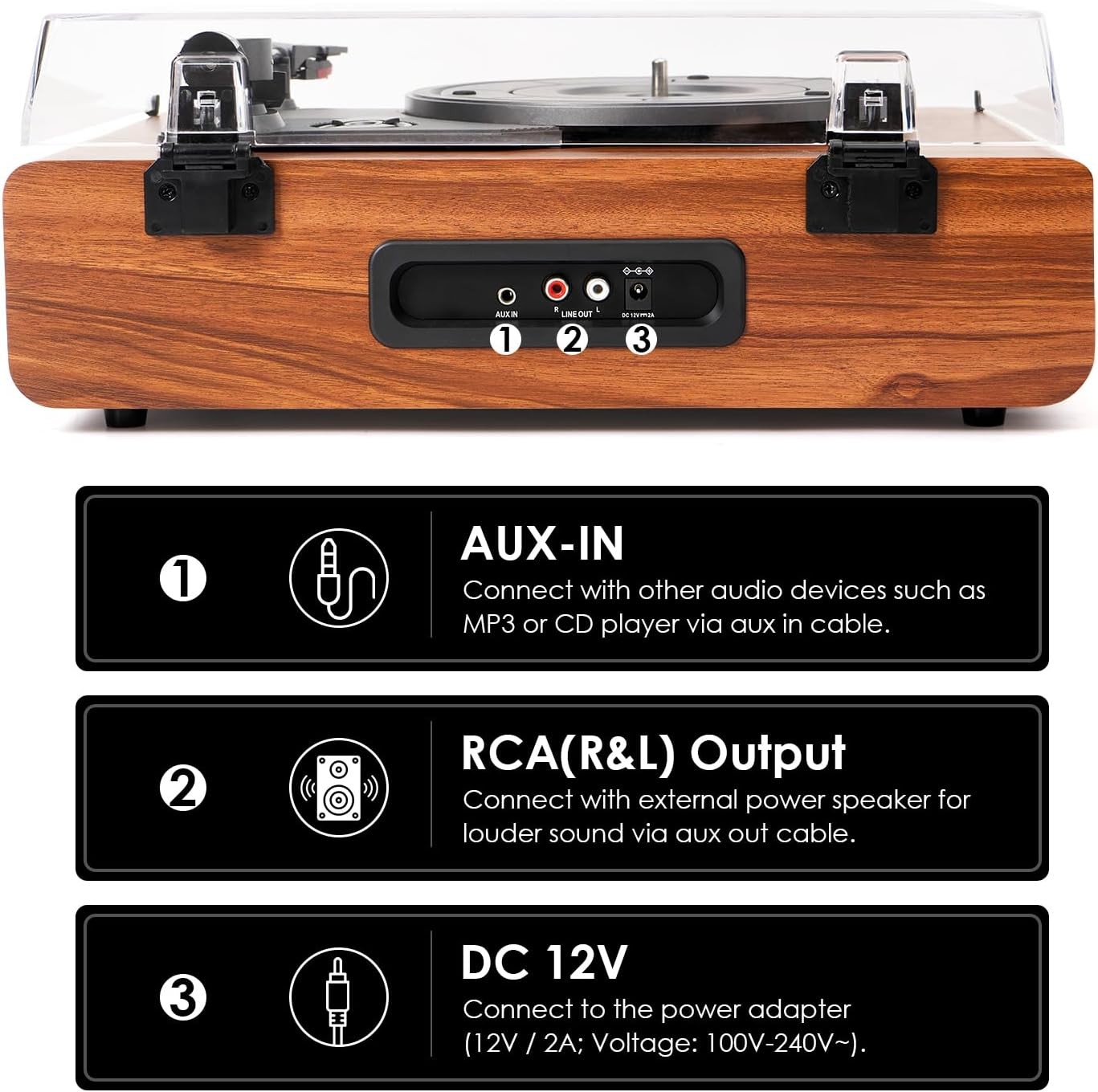 Vinyl Record Player Vintage 3 Speed Turntable Bluetooth with Upgraded Walnut