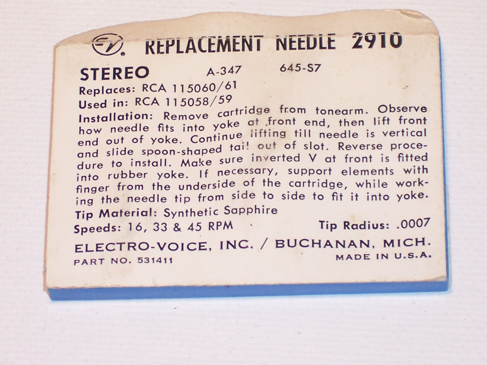 Electro-Voice 2910 Replaces RCA 115060/61 NOS Needle Stylus F/S