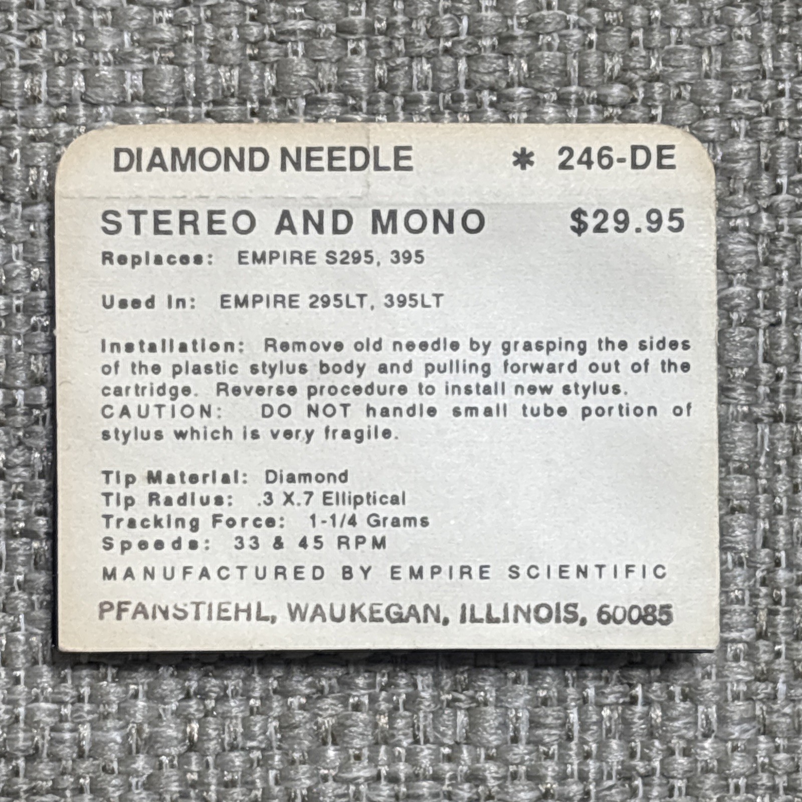 Pfanstiehl 246-DE Diamond Elliptical Stylus Replaces EMPIRE S295, 395 – NOS