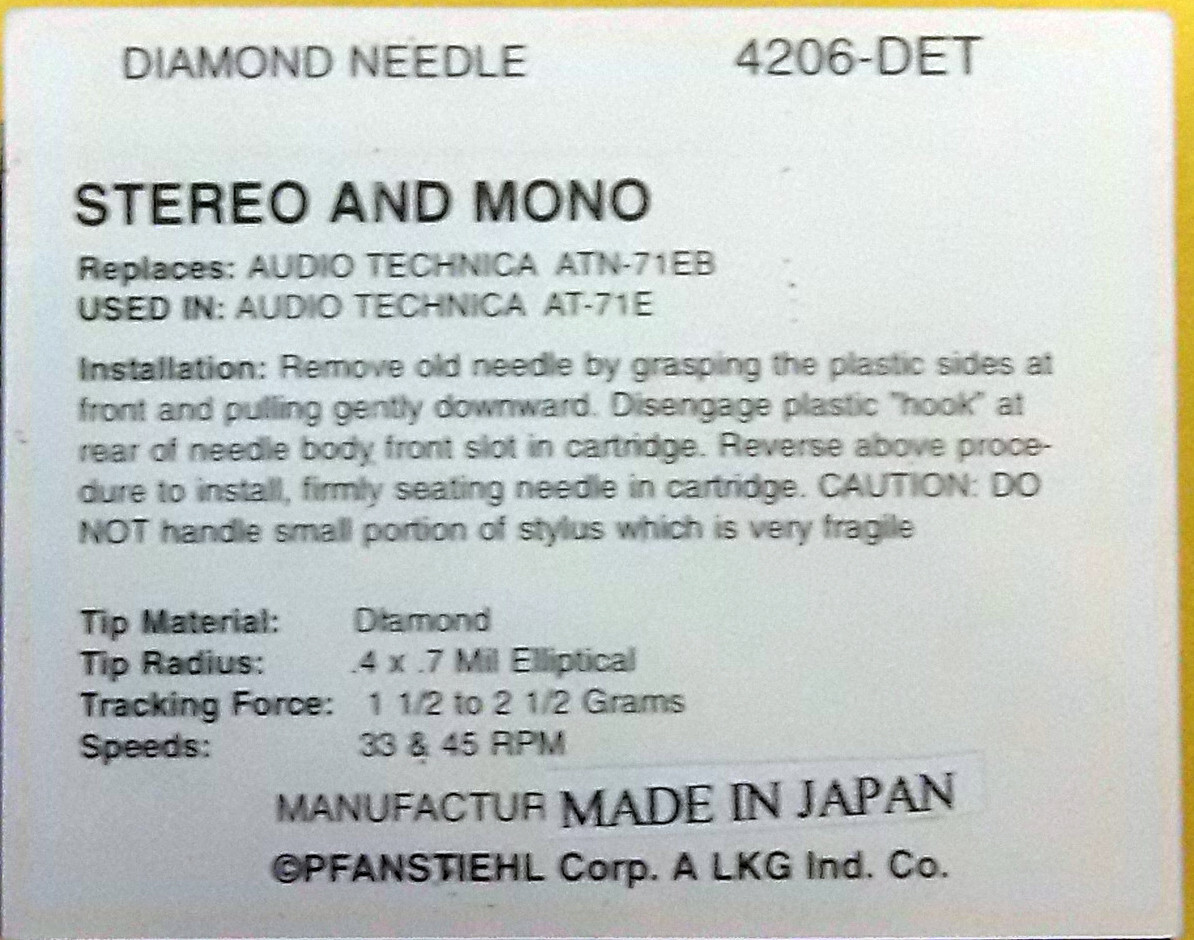 206-DET RECORD PLAYER NEEDLE for Audio Technica ATN-71EB AT71E LS200 4206-DE DET