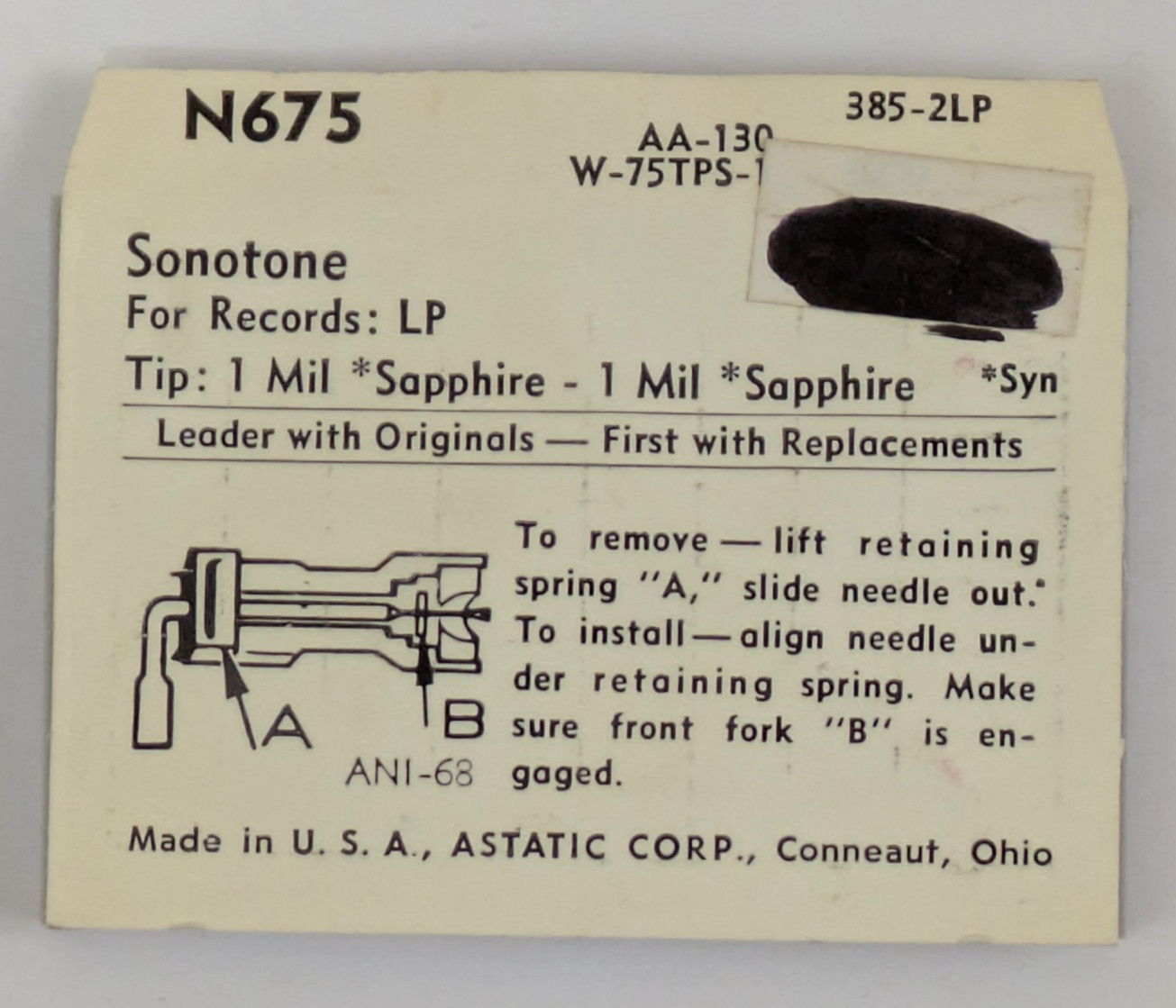 Astatic N675 Needle Record Player Stylus ANI68 Sonotone 78 AA-130 W-75TPS-1 3200