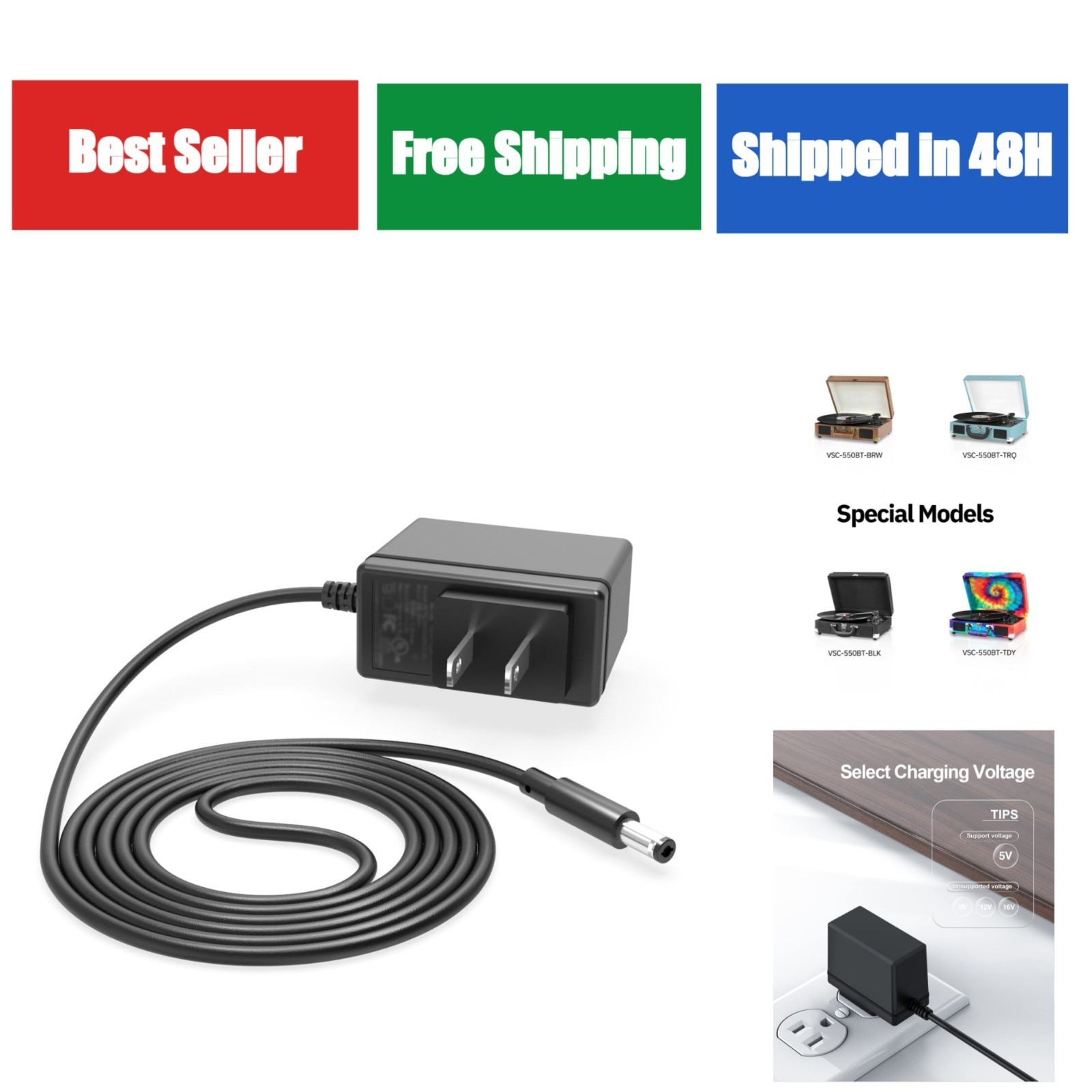 5V Power Cord Charger for Victrola Record Player VSC-550BT