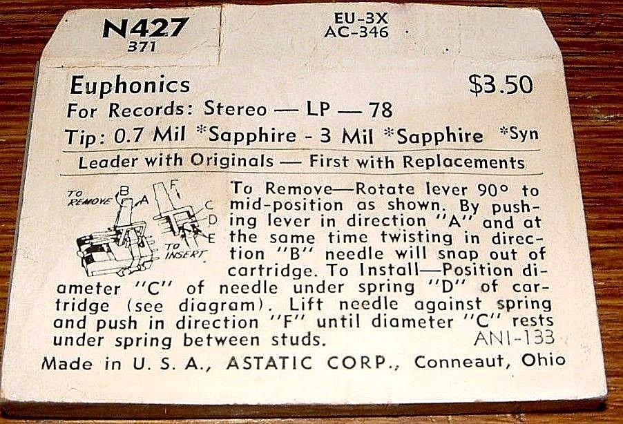 STEREO Phonograph Needle 463-SS73 for EUPHONICS U12 U13 371, N427, 1907, EV 2681