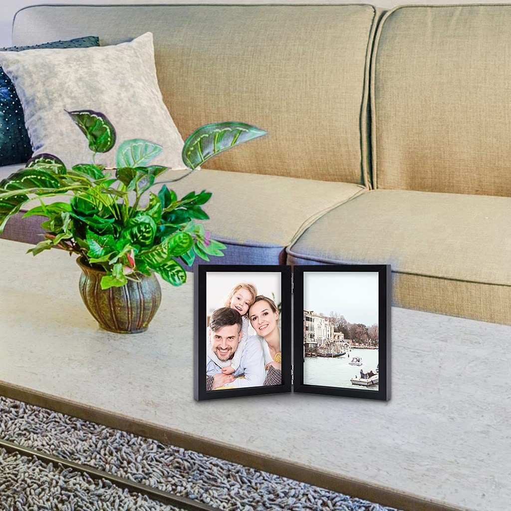 4×6 Double Picture Frames Hinged MDF Wood with Real Glass Stand 4×6, Black