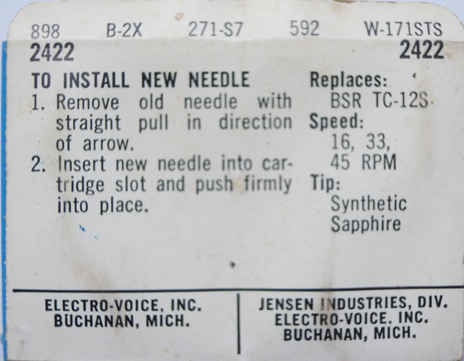 NOS Electro Voice EV 2422 Needle BSR T-12S 898 B-2X 271-S7 592 W-171STDS