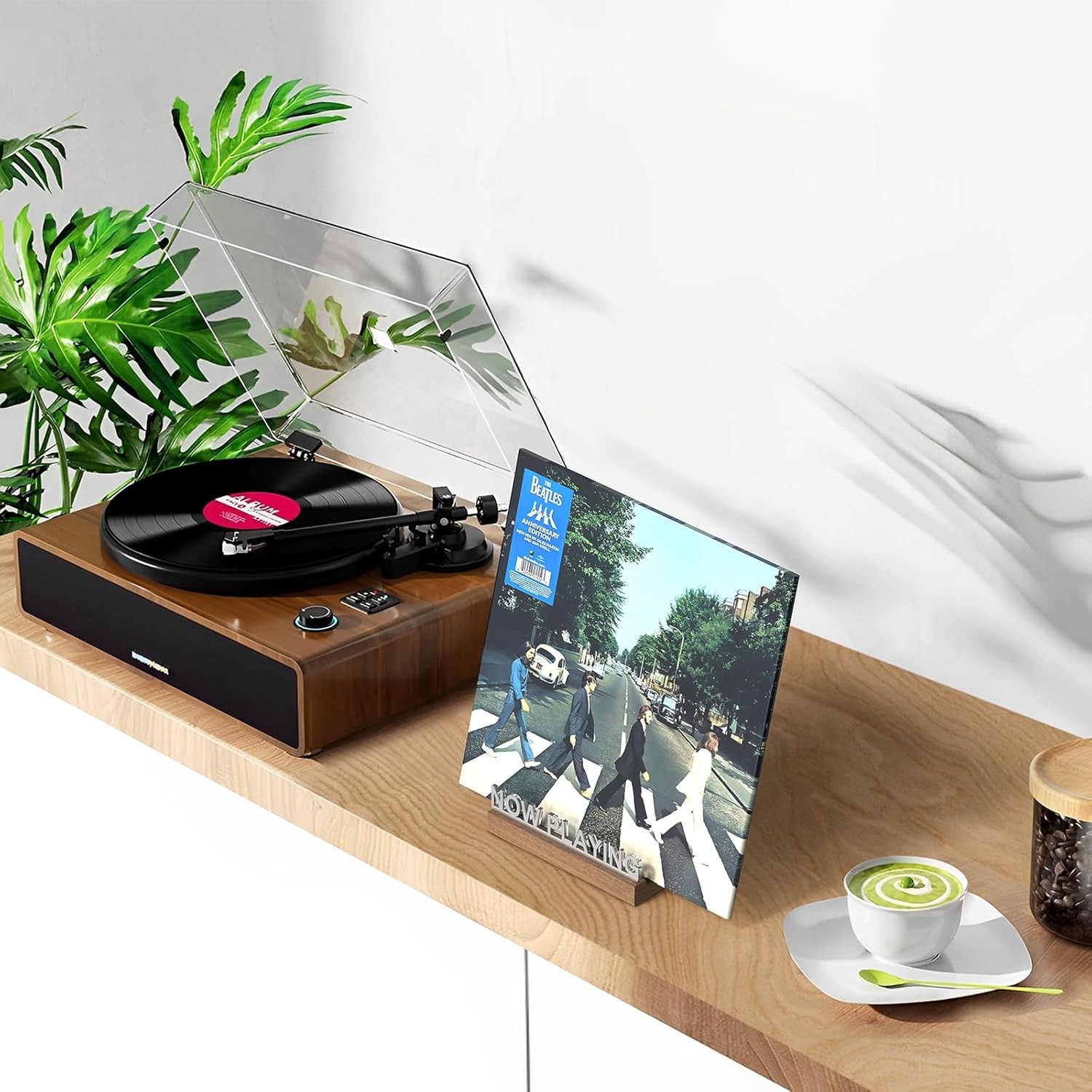 Now Playing Vinyl Record Stand, Holder, Light Up LED-Walnut