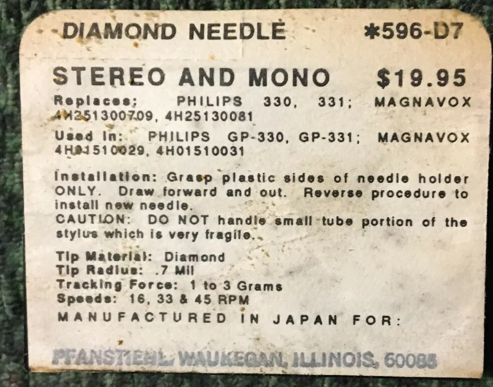 VTG NOS PFANSTIEHL #596-D7 Diamond Replacement needle/Stylus Brand New!