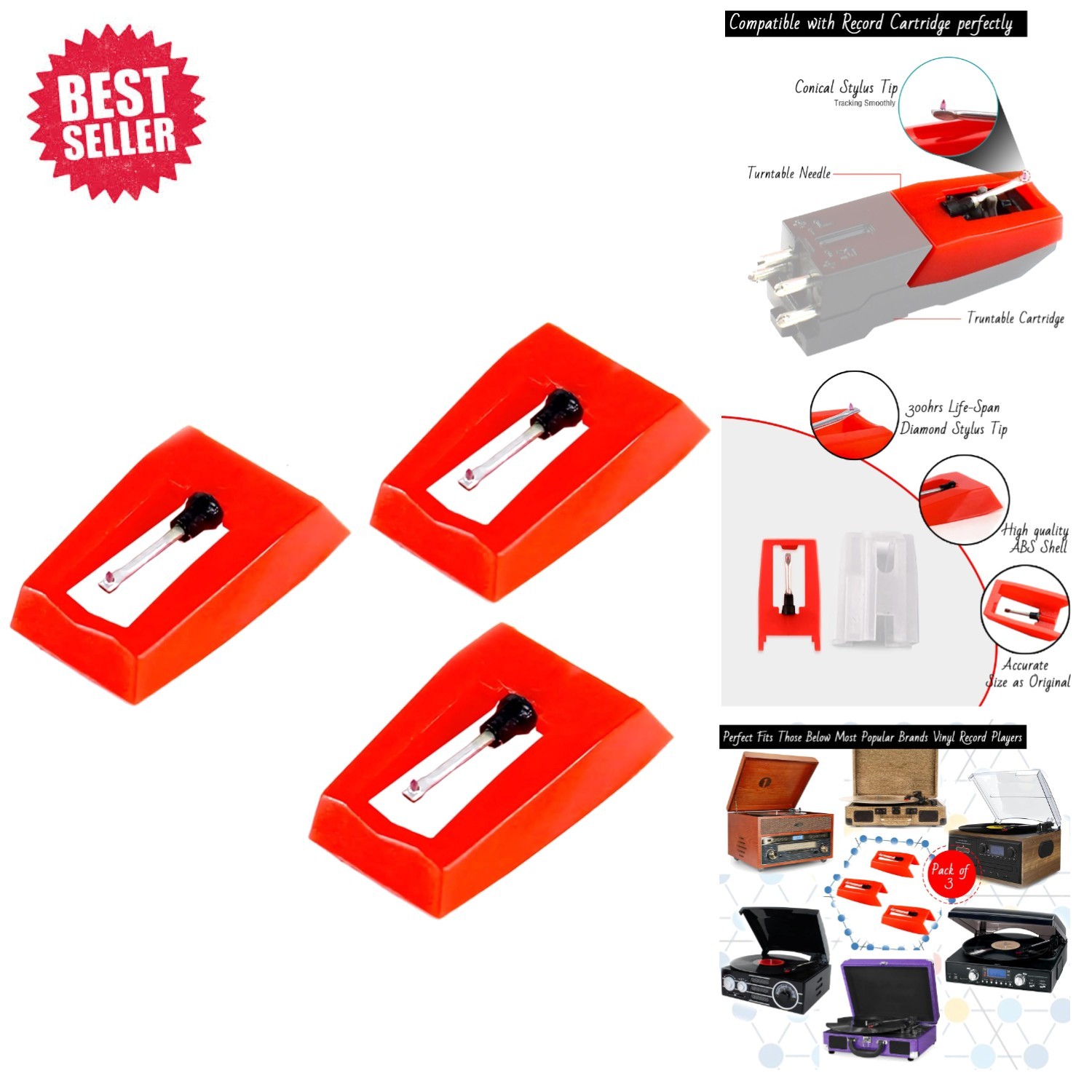 High-Quality Diamond Stylus Needles – 3 Pack Replacement for Vinyl Turntables