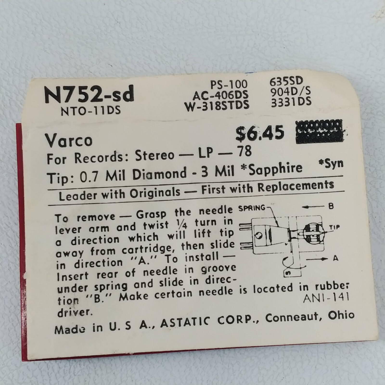 Lot of 7 Various Astatic Record LP Needles N62-sd N72-sd N752-sd N880-sd N883-sd