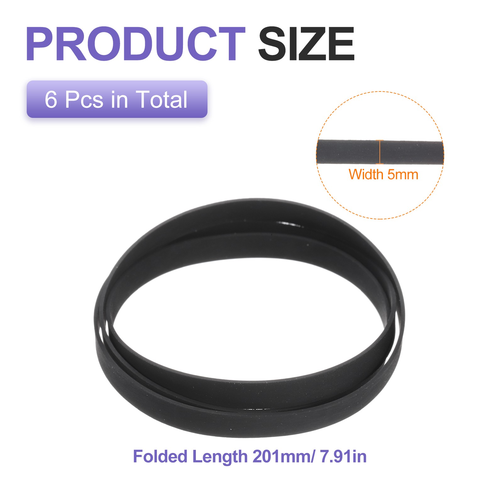 6 Turntable Straps, 201mm Length, 5mm Width, Rubber Replacement