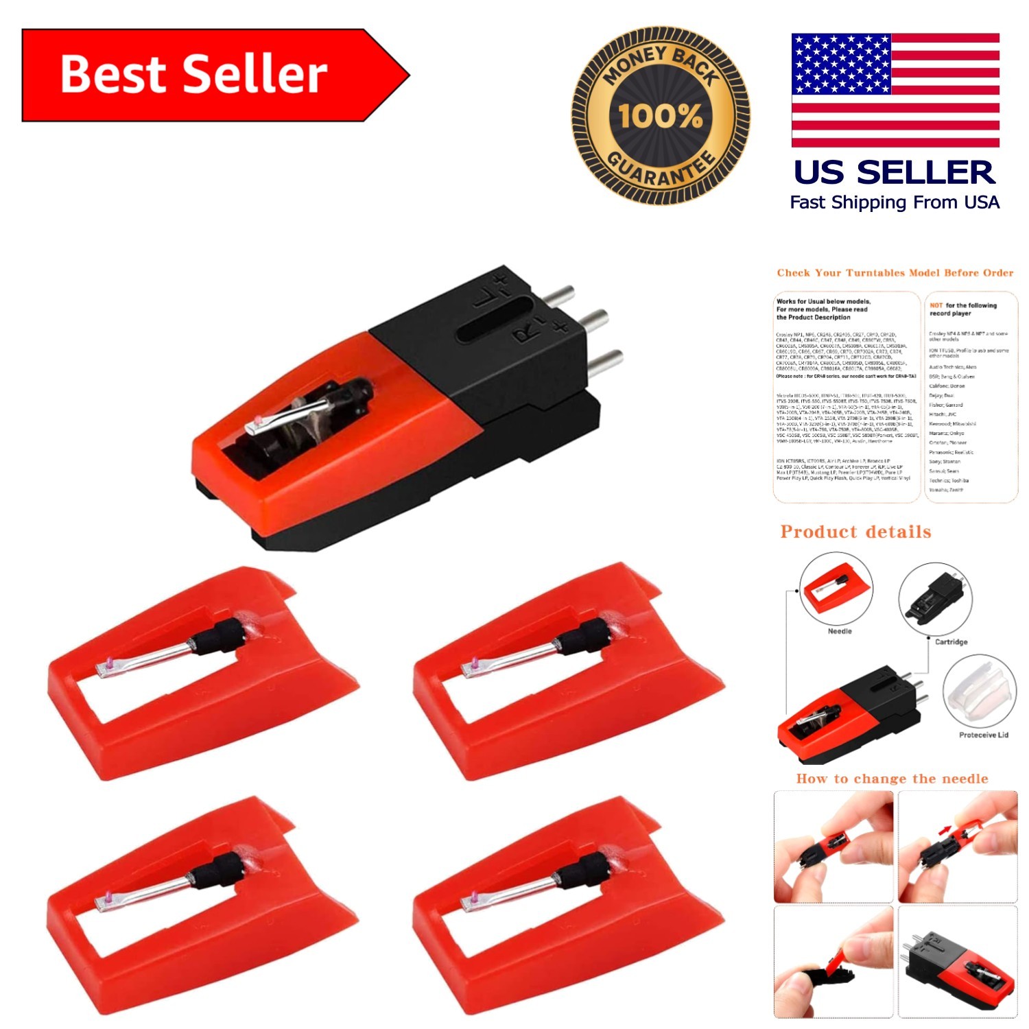 Retro Red Record Player Needle Cartridge with 4 Diamond Stylus for Crystal Sound