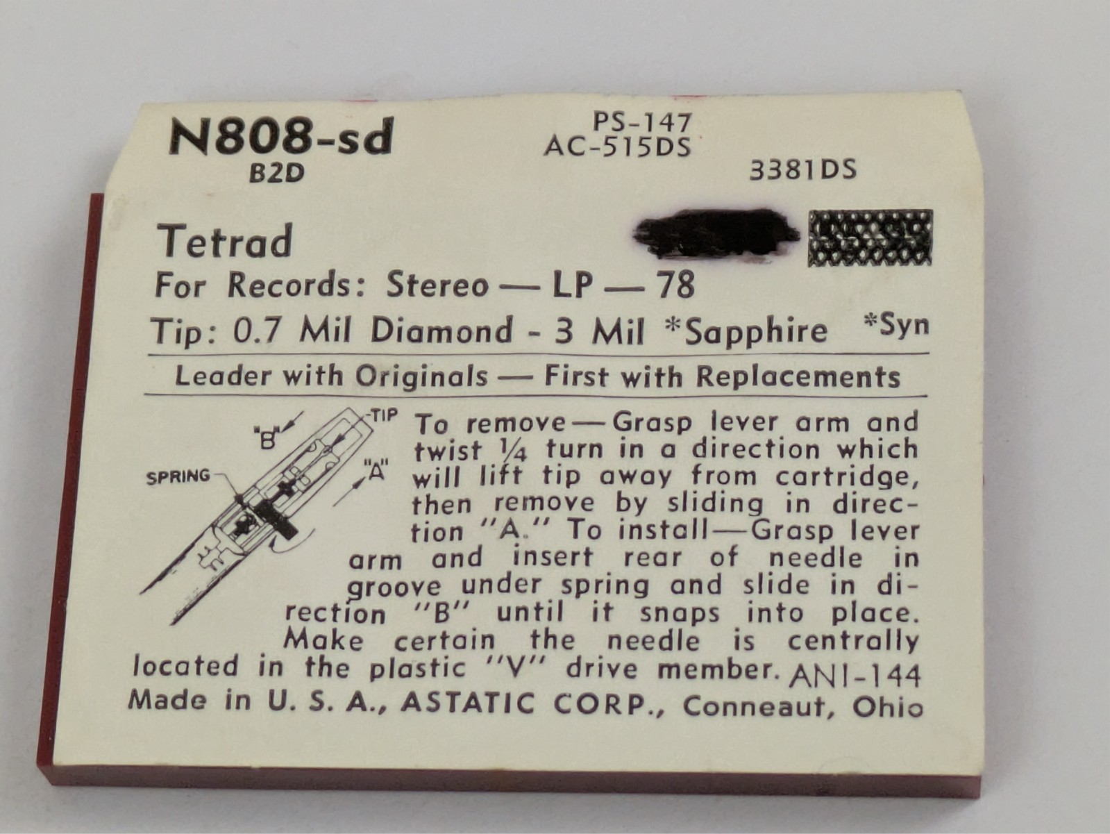 Astatic N808-sd Diamond Needle Tetrad-B2D 78 LP Stylus PS-147 AC-515DS 3381SD