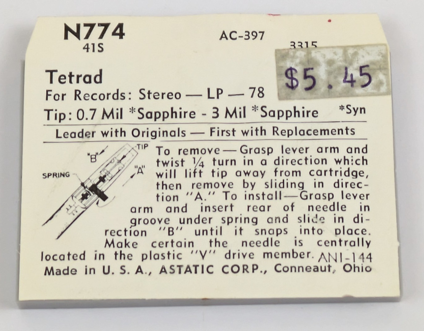 Astatic N774-41S Needle Record Player Stylus Tetrad 78 LP Sapphire AC-397 3315