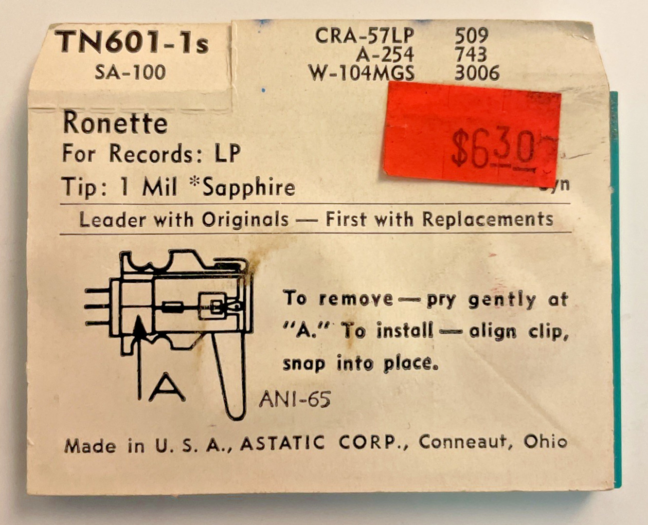 Astatic TN601-1s Ronette Records LP Turntable Stylus Needle New