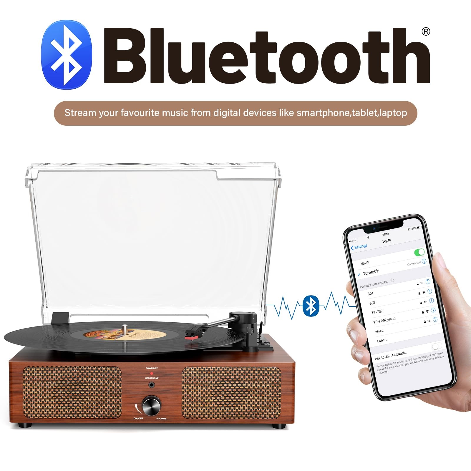 Vinyl Record Player Bluetooth Turntable with Built-in Speakers and USB Orange