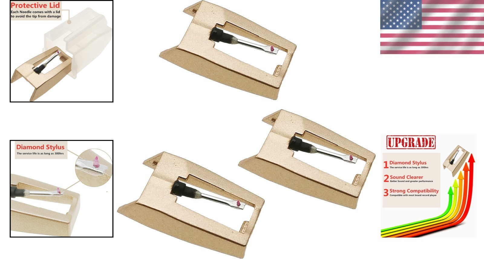 High Quality Golden Record Player Needle for Better Sound Performance Pack of 3