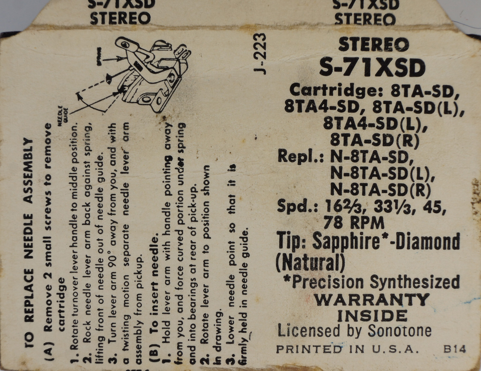 NOS Jensen S-71XSD Needle for Sonotone 8TA 8TA4 33 1/3 45 78 RPM