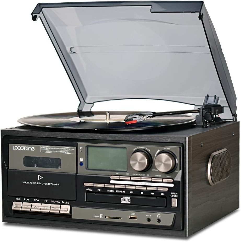 LoopTone Vinyl Record Player 9 in 1 3 Speed Bluetooth Vintage Turntable Black