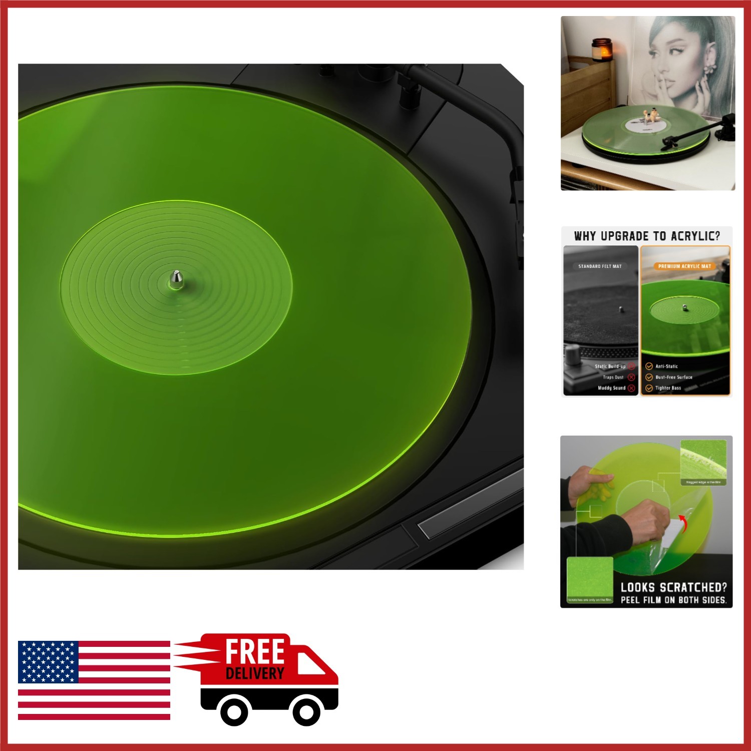 12 Inch Acrylic Turntable Mat Green for Vinyl Record Playback and Audio