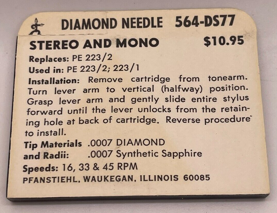 NEW Pfanstiehl 564-DS77 “Diamond” Needle Stylus Dual Needle 564DS77 PE 223 /2 1