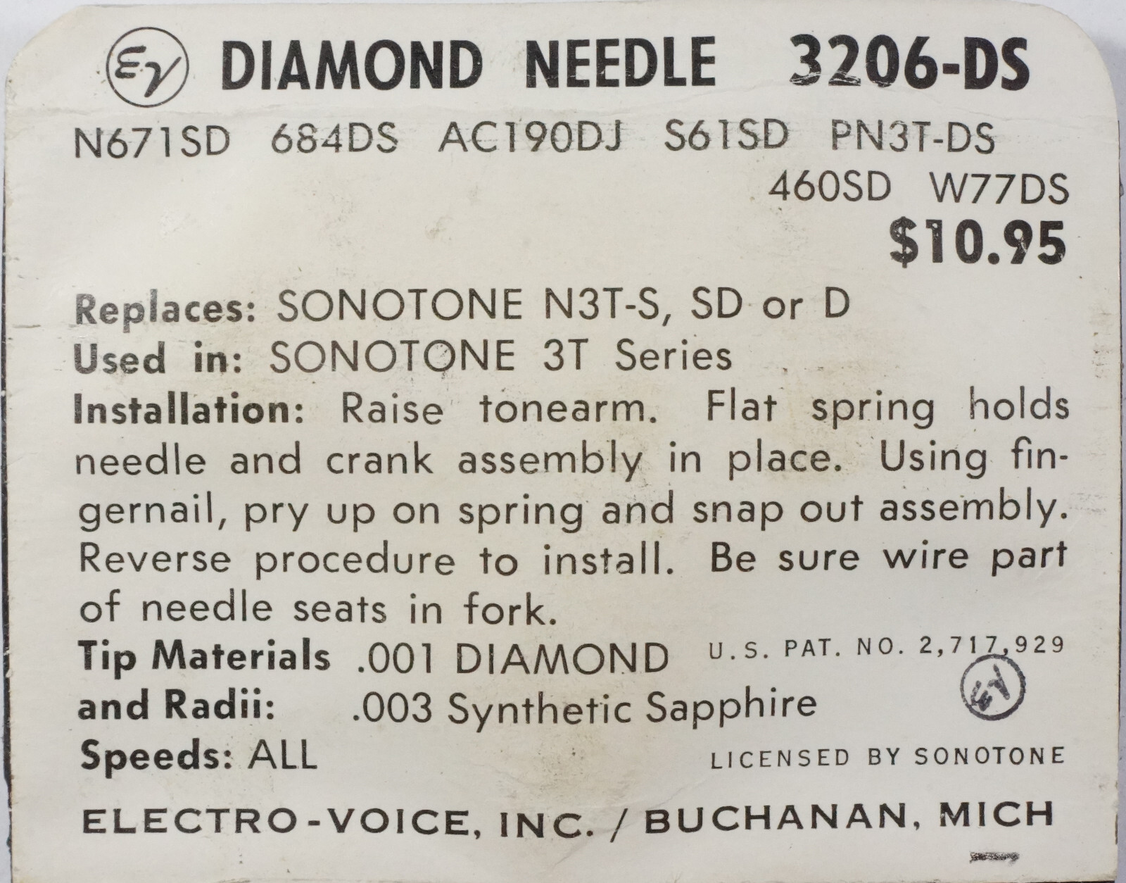 NOS Electro Voice EV 3206DS Diamond Needle SONOTONE N3T N671 802-SS13 AC190JJ
