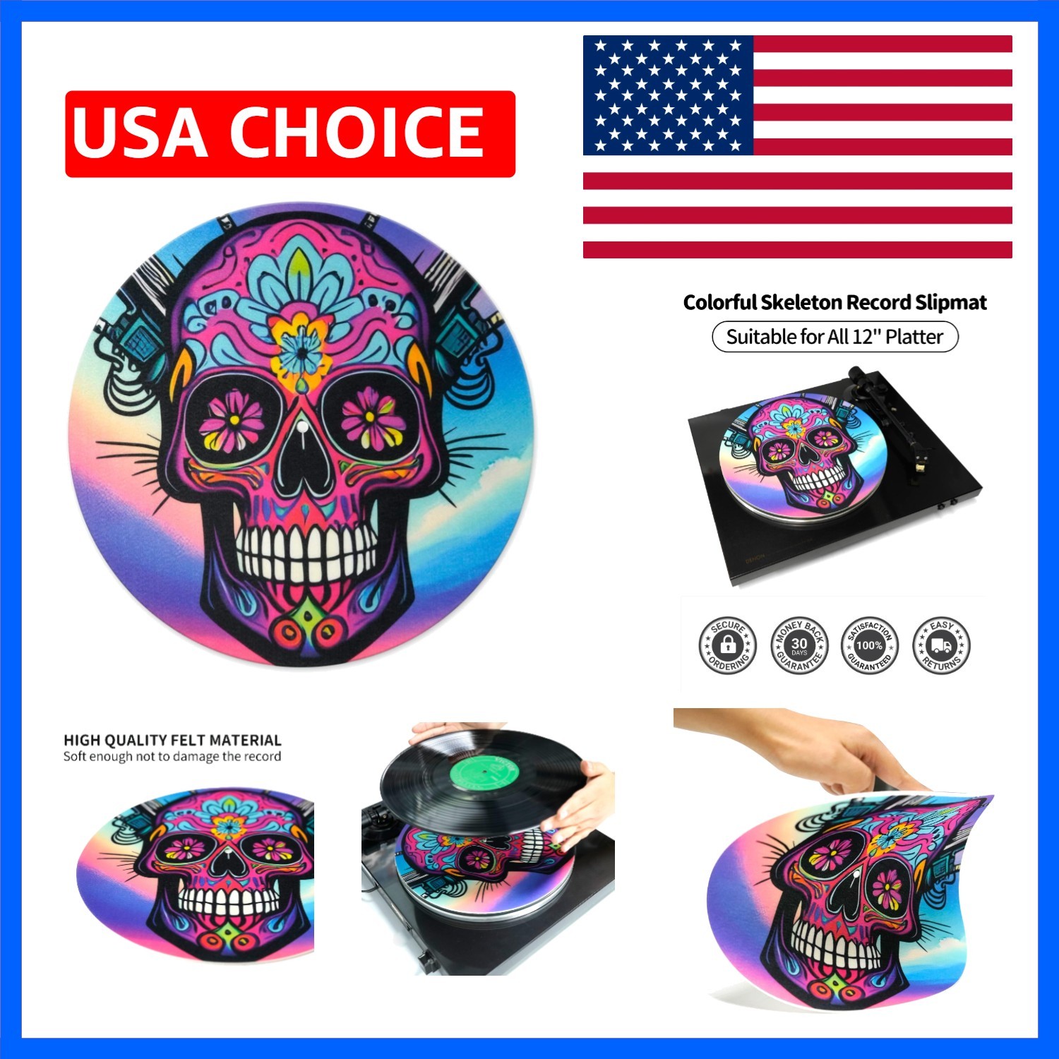 Turntable Platter Mat, 12 Inches Record Mat Felt Skull Pattern Anti-Static Sl…