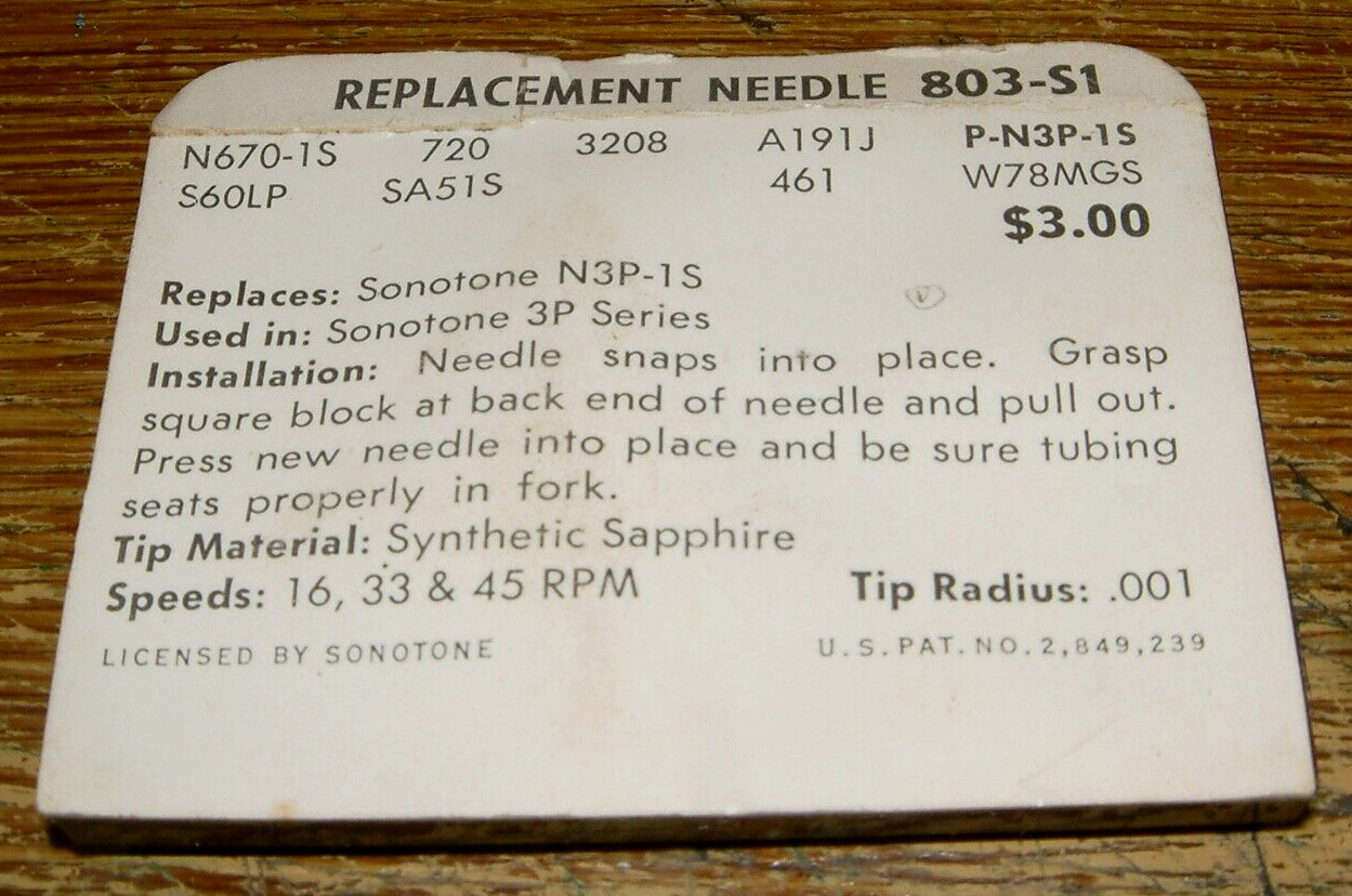 Turntable NEEDLE 803-S1 for SONOTONE N3P-1S 3P-1S, 720 W78MGS N670-1s 461 EV3208