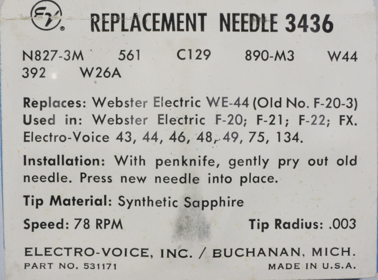 NOS Electro Voice EV 3436 Needle for Webster Electric WE-44 F-20 F-21 F-22 FX