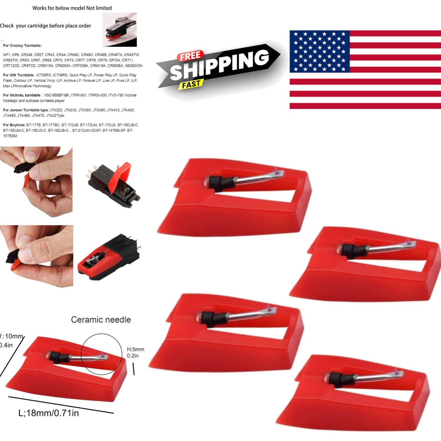 4 Pack Replacement Record Player Needles with Ceramic Stylus for Vinyl Players