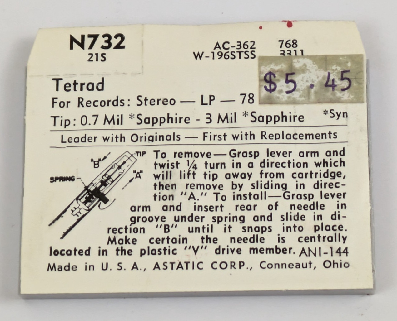 Astatic N732 Needle Tetrad-21S 78 Record Player Stylus AC-362 W-196STSS 768 3311