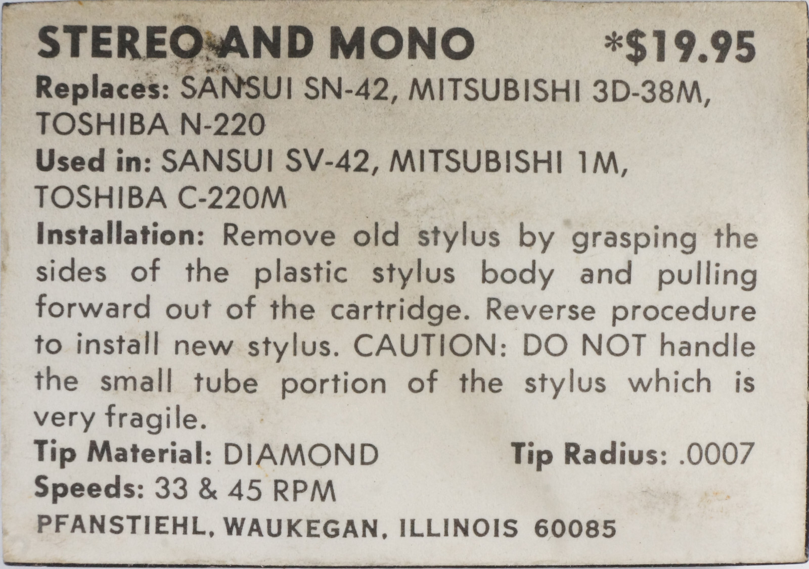 Pfanstiehl 677-D7 Diamond Needle for SANSUI SN-42 SV-42 MITSUBISHI 3D-38M 1M