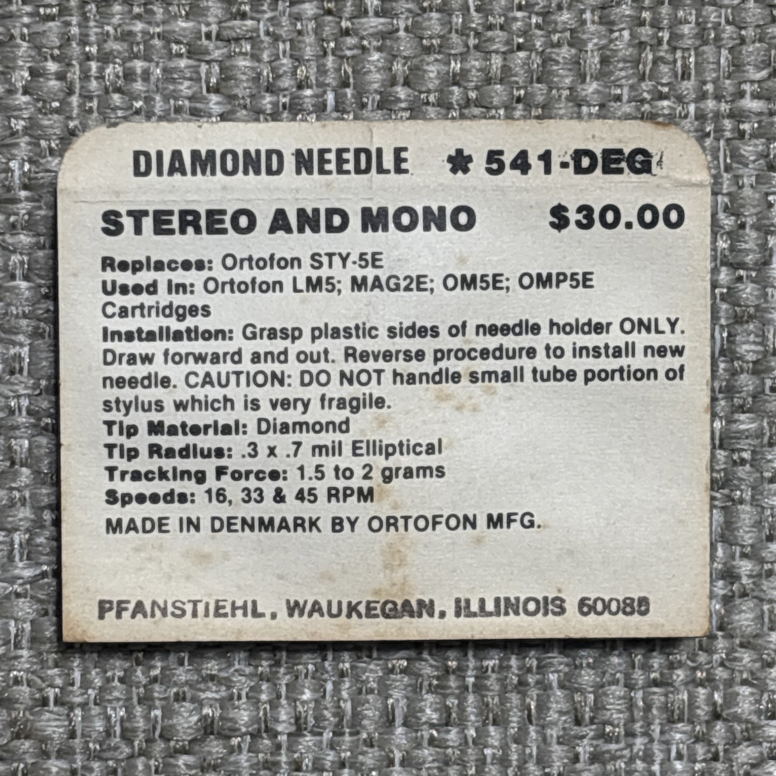 Pfanstiehl 541-DEG Diamond Elliptical Stylus Replaces Ortofon STY-5E OM5E NOS