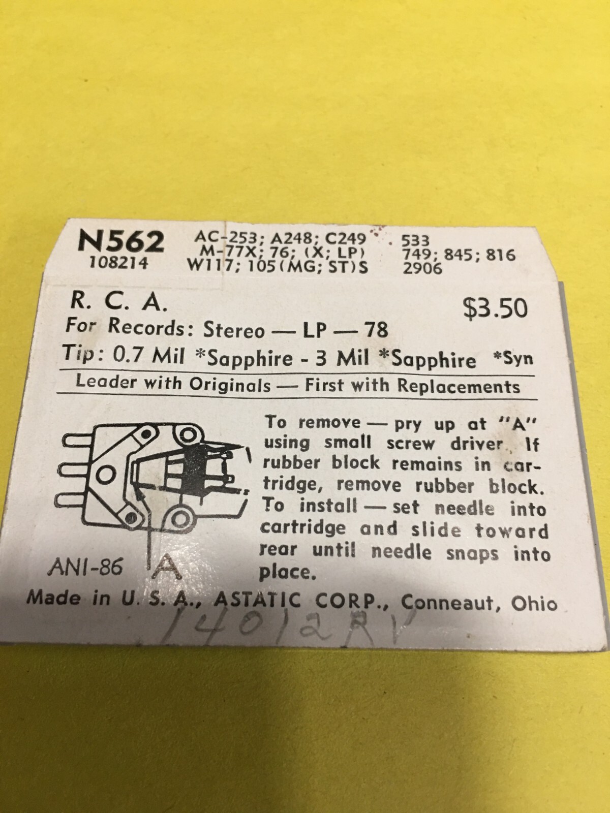 Original NOS ASTATIC Needle Stylus N562 Fits MANY RCA