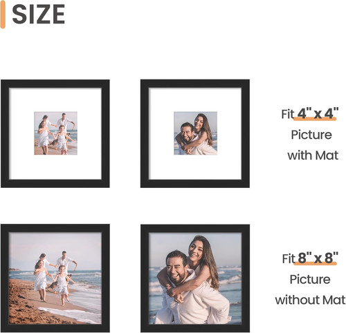 upsimples 8×8 Picture Frame, Display Pictures 4×4 with Mat or 8×8, Black