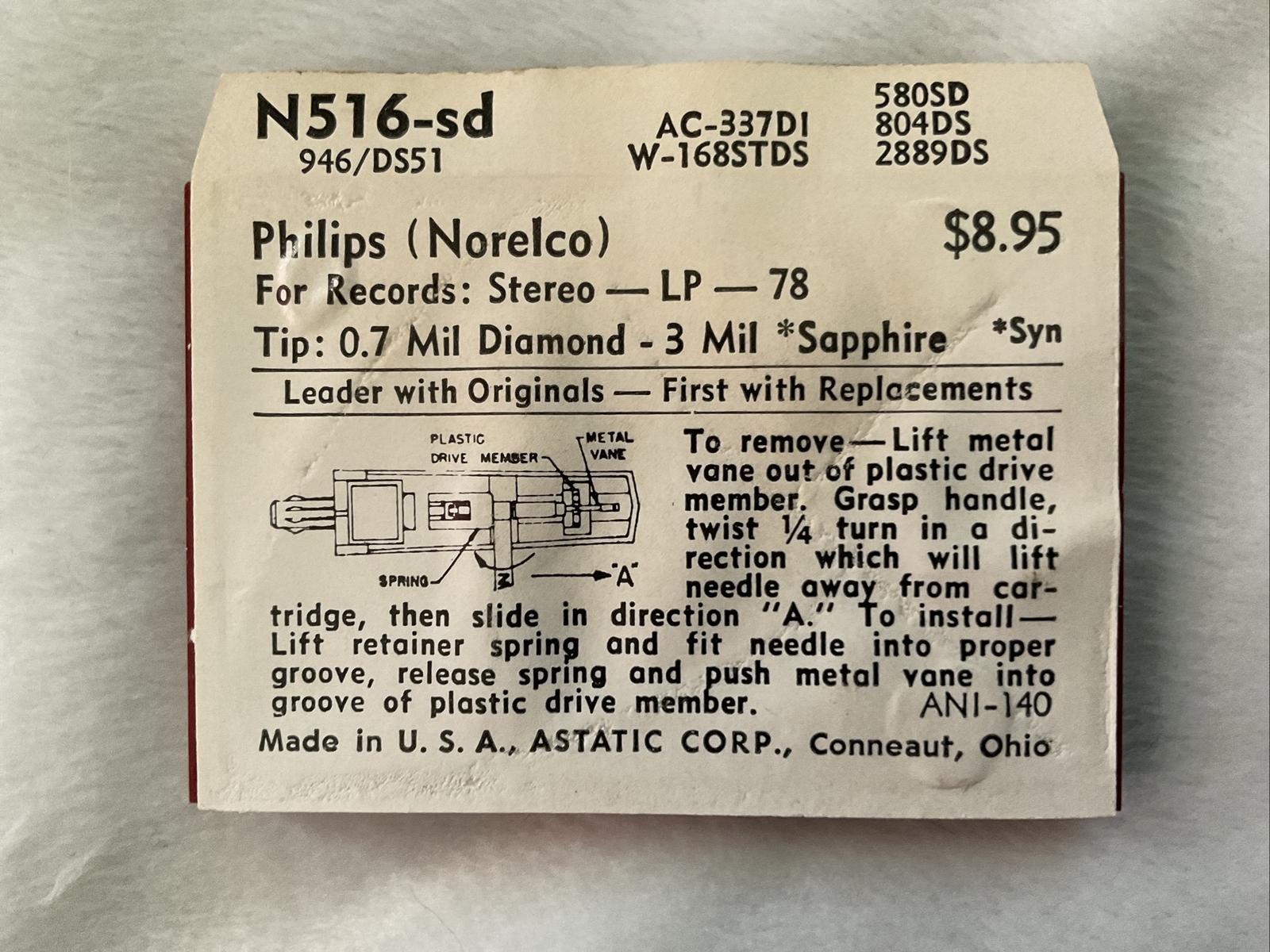 Astatic N516-sd, .7 Mil Diamond – 3 Mil Sapphire Needle, Philips (Norelco)