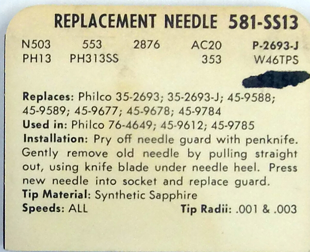 RECORD PLAYER NEEDLE PHILCO 35-2693 PHILCO TILT CARTRIDGE, 581-SS13 581-DS13