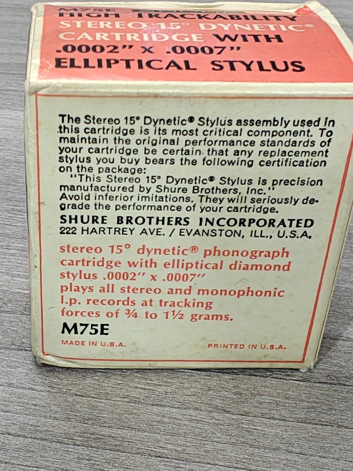 Discontinued SHURE M75E TYPE 2 PHONO CARTRIDGE Needs Stylus With Box & paperwork