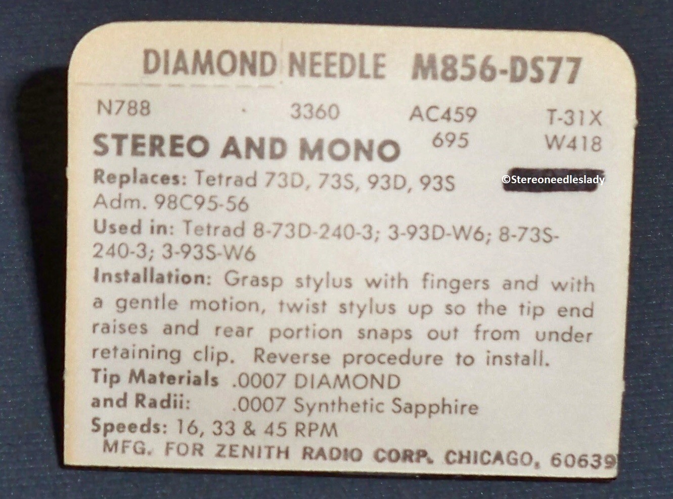 PHONOGRAPH NEEDLE M856-DS77 for Tetrad 73D 73S 93D 93S 8-73D-240-3 3-93D-W6