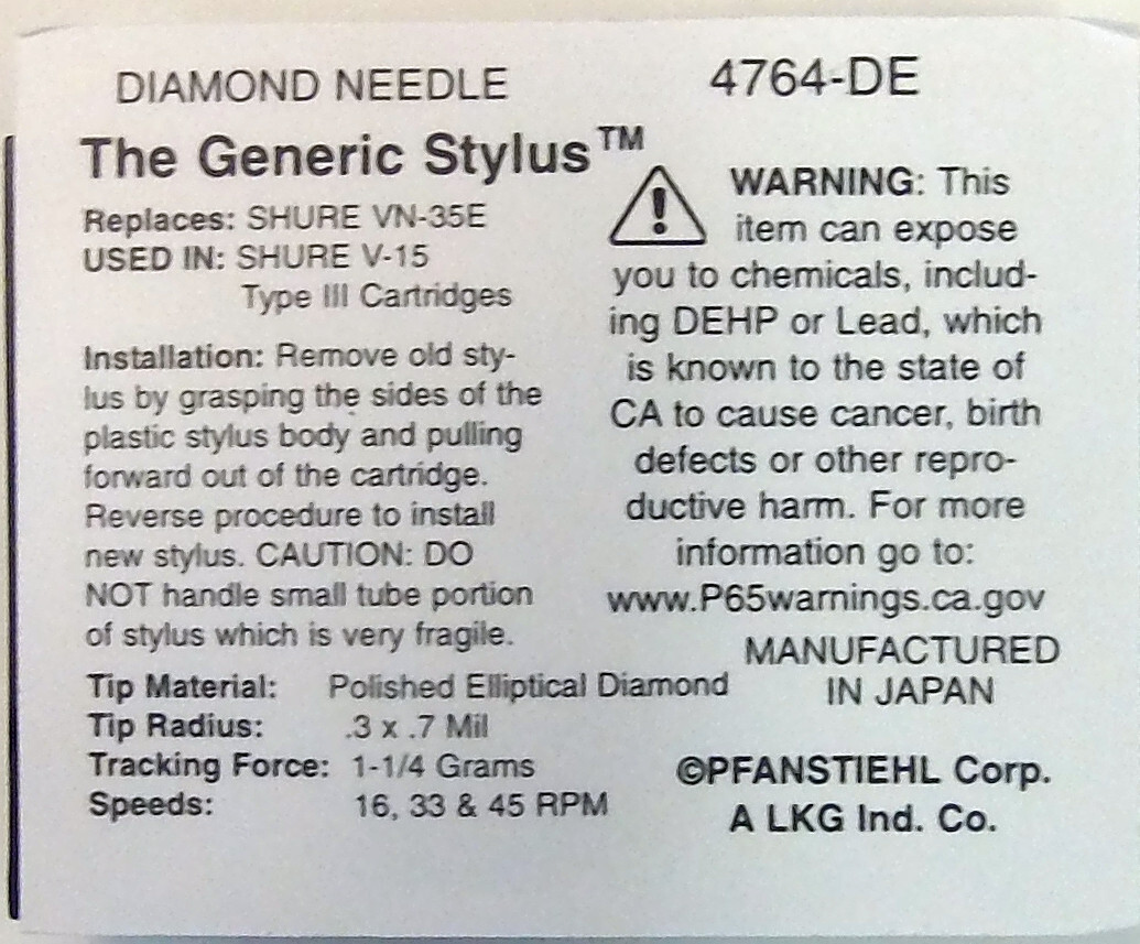 4764-DE NEEDLE TURNTABLE STYLUS for SHURE VN-35E V-15 Type III Cartridges