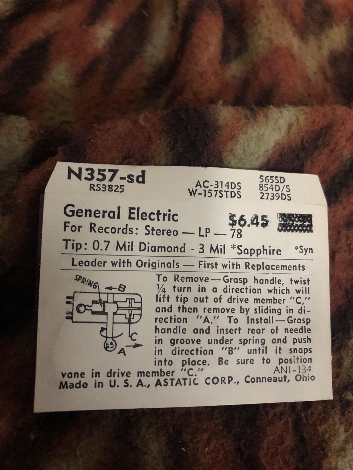 Astatic N357-sd Diamond Needle General Electro .7 Mil 3 Sapphire Stereo LP 78
