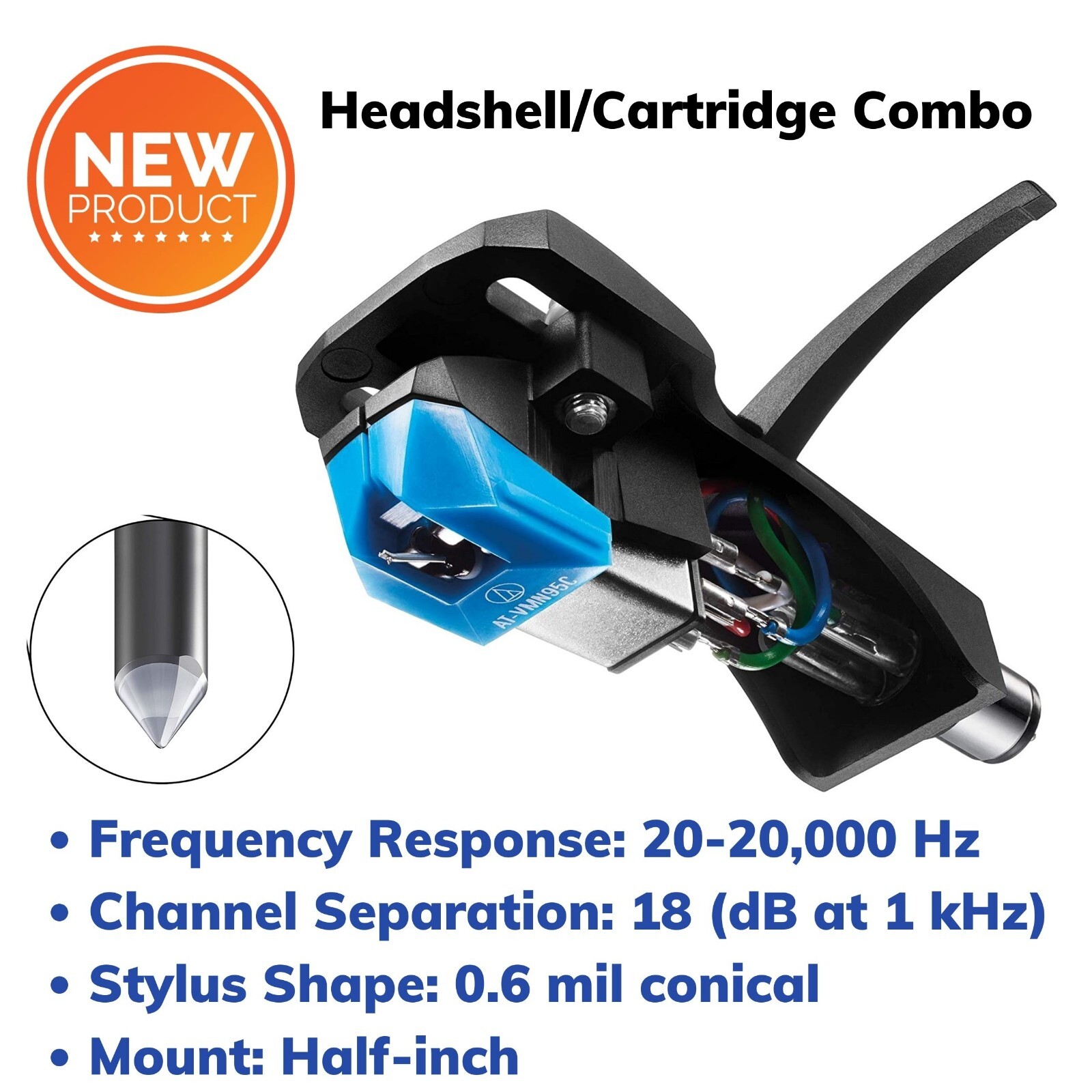 Headshell/Cartridge 0.6 Mil Conical Stylus Replace for Half-inch Mount Turntable