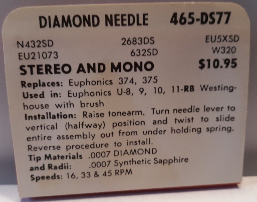 Superb diamond record needle 465-DS77 replaces Euphonics 374 375
