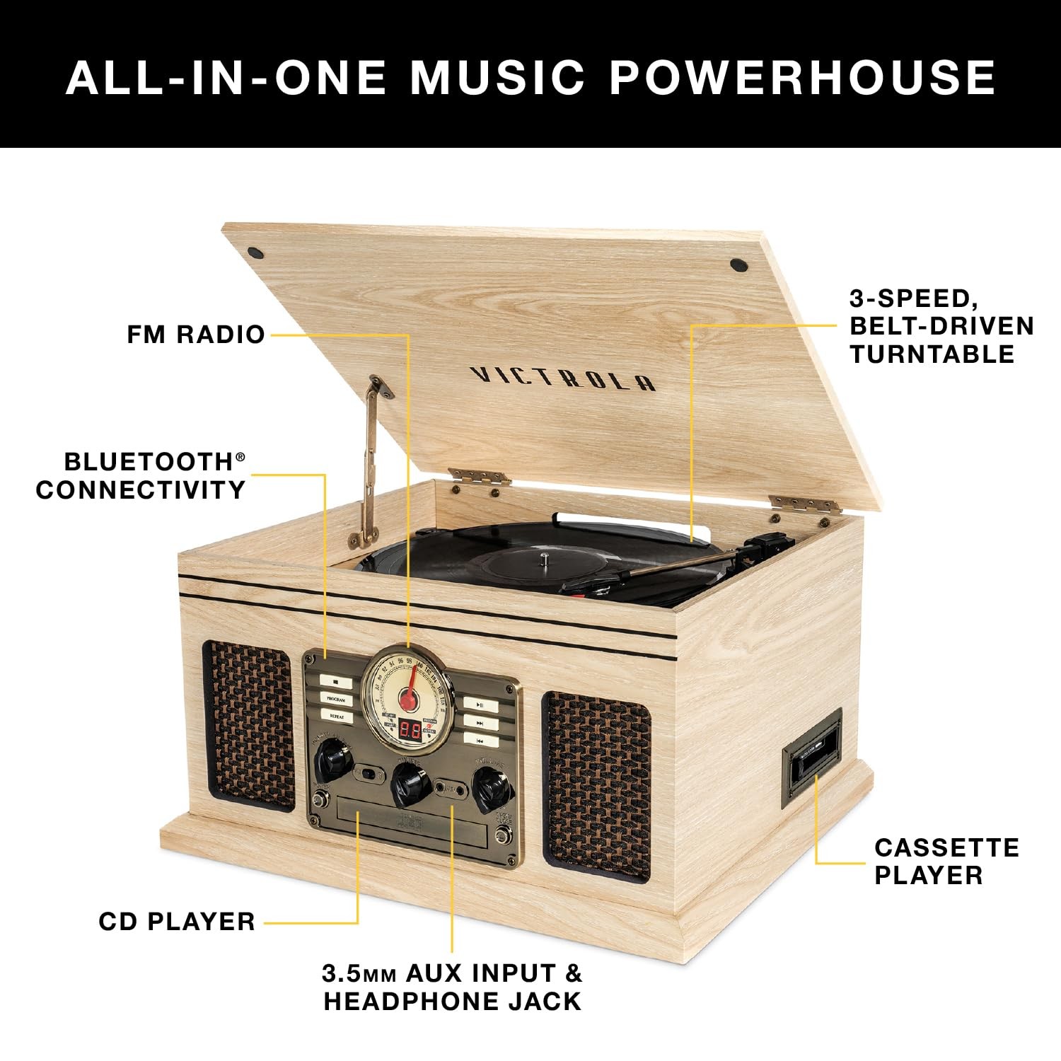 Victrola The Quincy 6-in-1 Bluetooth Record Player & Multimedia 1, Mahogany