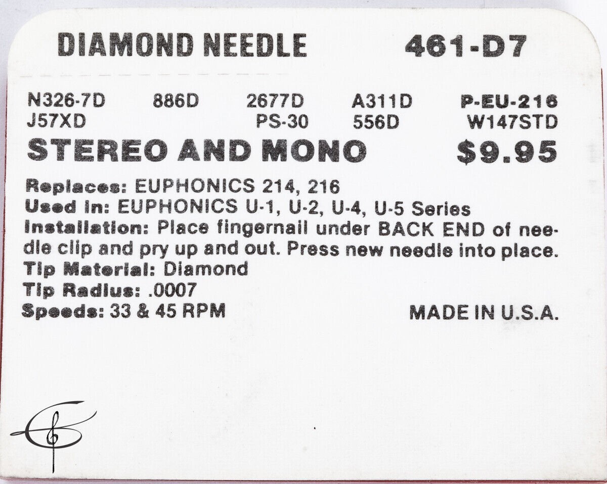 Record Player Phonograph Needle Stylus Superb Needle 461-D7 Euphonics 214, 216