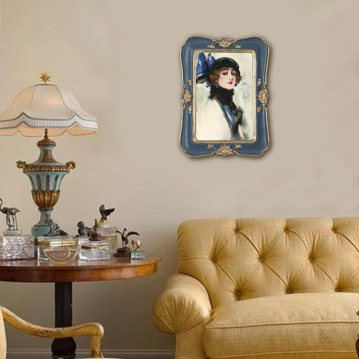 WINPLUS+ Vintage Picture Frame 5×7, Wall Mount and Tabletop Blue Gold